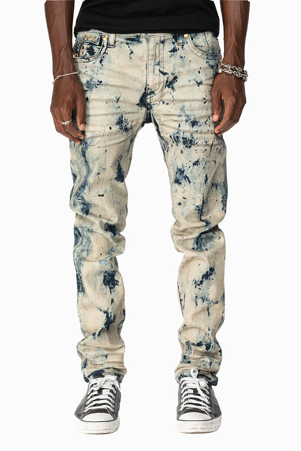 KILLER FLAP MENS SKINNY JEANS IN FROZEN WASH WITH EMBELLISHED  SMOKY TOPAZ CRYSTALS - Image 5