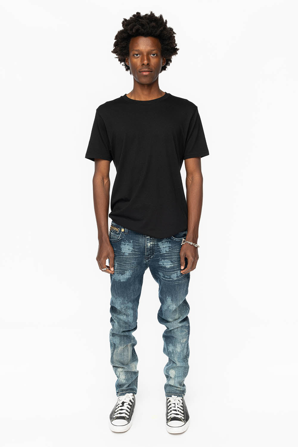 KILLER FLAP MENS SKINNY JEANS IN NEW JAPAN MEDIUM WASH WITH ANTIQUE BRASS PYRAMID STUDS AND AURUM CRYSTALS - Image 4