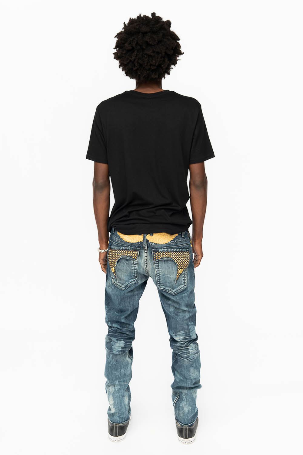 KILLER FLAP MENS SKINNY JEANS IN NEW JAPAN MEDIUM WASH WITH ANTIQUE BRASS PYRAMID STUDS AND AURUM CRYSTALS - Image 5