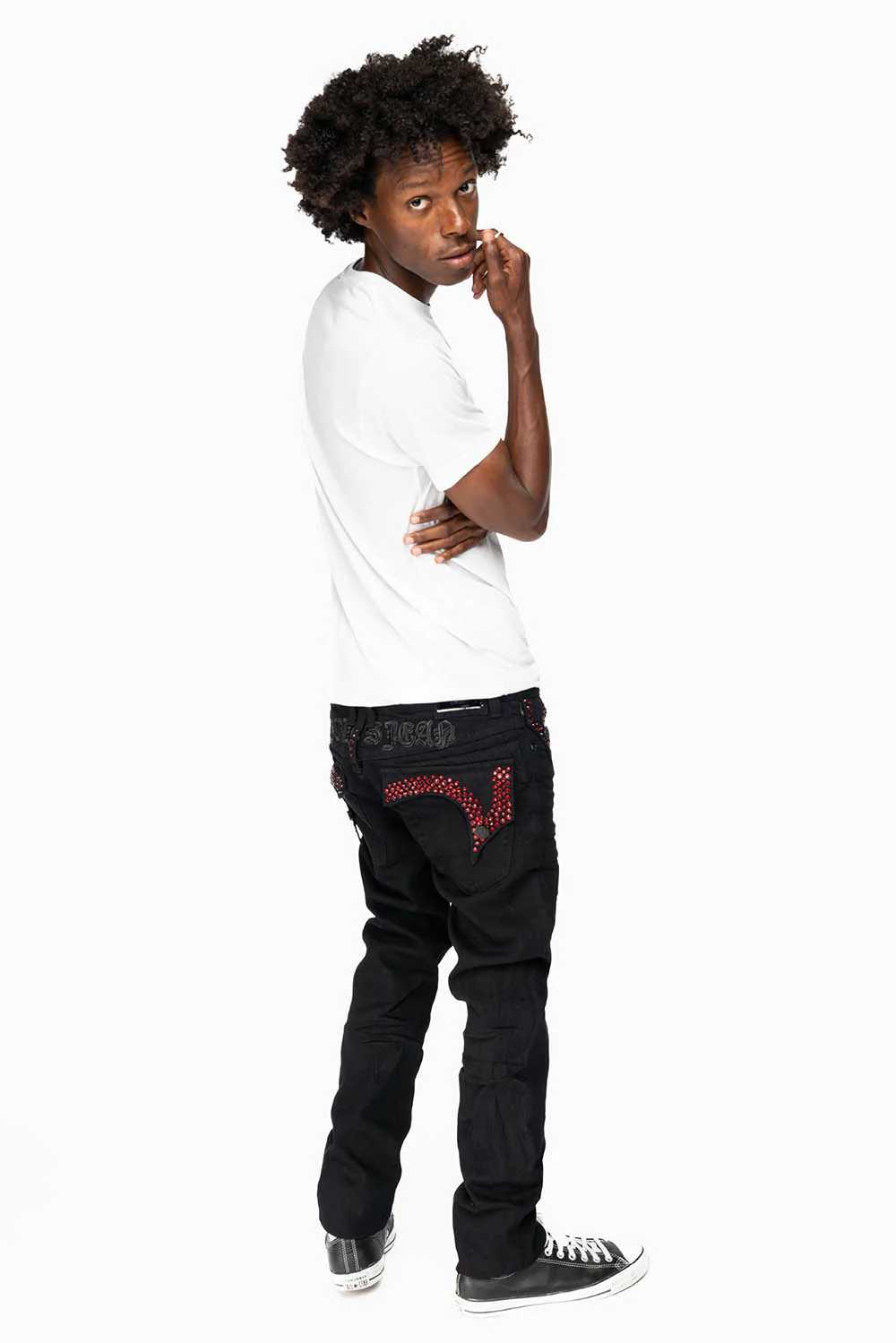 KILLER FLAP MENS SKINNY JEANS IN PURE BLACK EMBELLISHED WITH RED CRYSTALS - Image 4