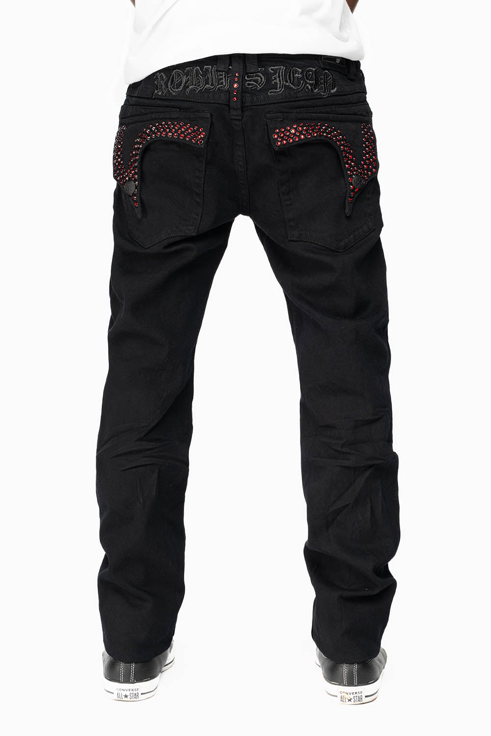KILLER FLAP MENS SKINNY JEANS IN PURE BLACK EMBELLISHED WITH RED CRYSTALS - Image 6