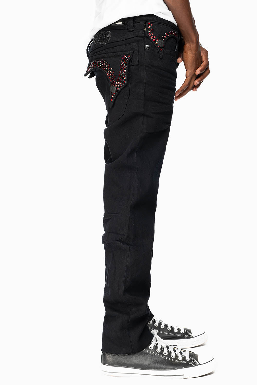 KILLER FLAP MENS SKINNY JEANS IN PURE BLACK EMBELLISHED WITH RED CRYSTALS - Image 7