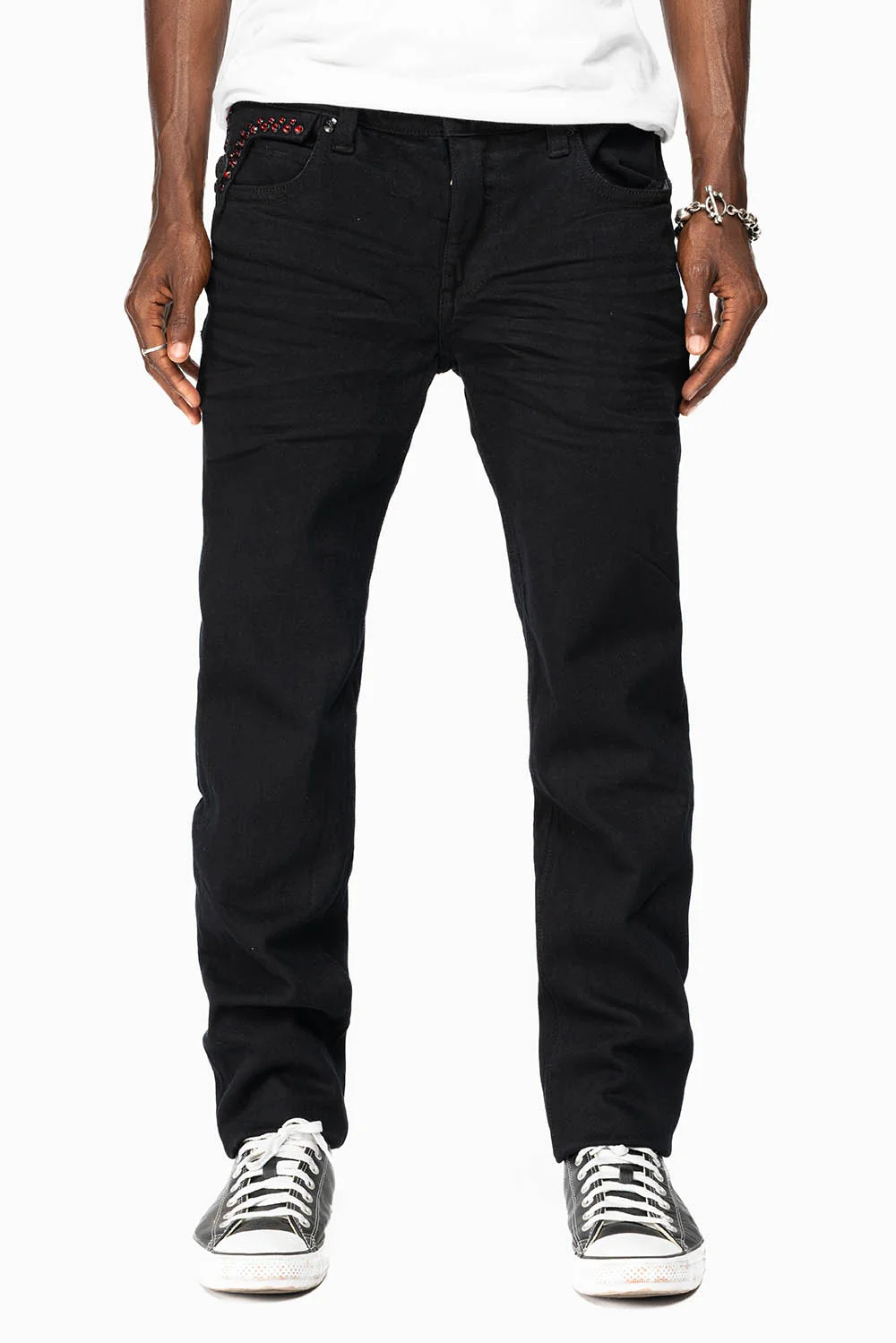 KILLER FLAP MENS SKINNY JEANS IN PURE BLACK EMBELLISHED WITH RED CRYSTALS - Image 8