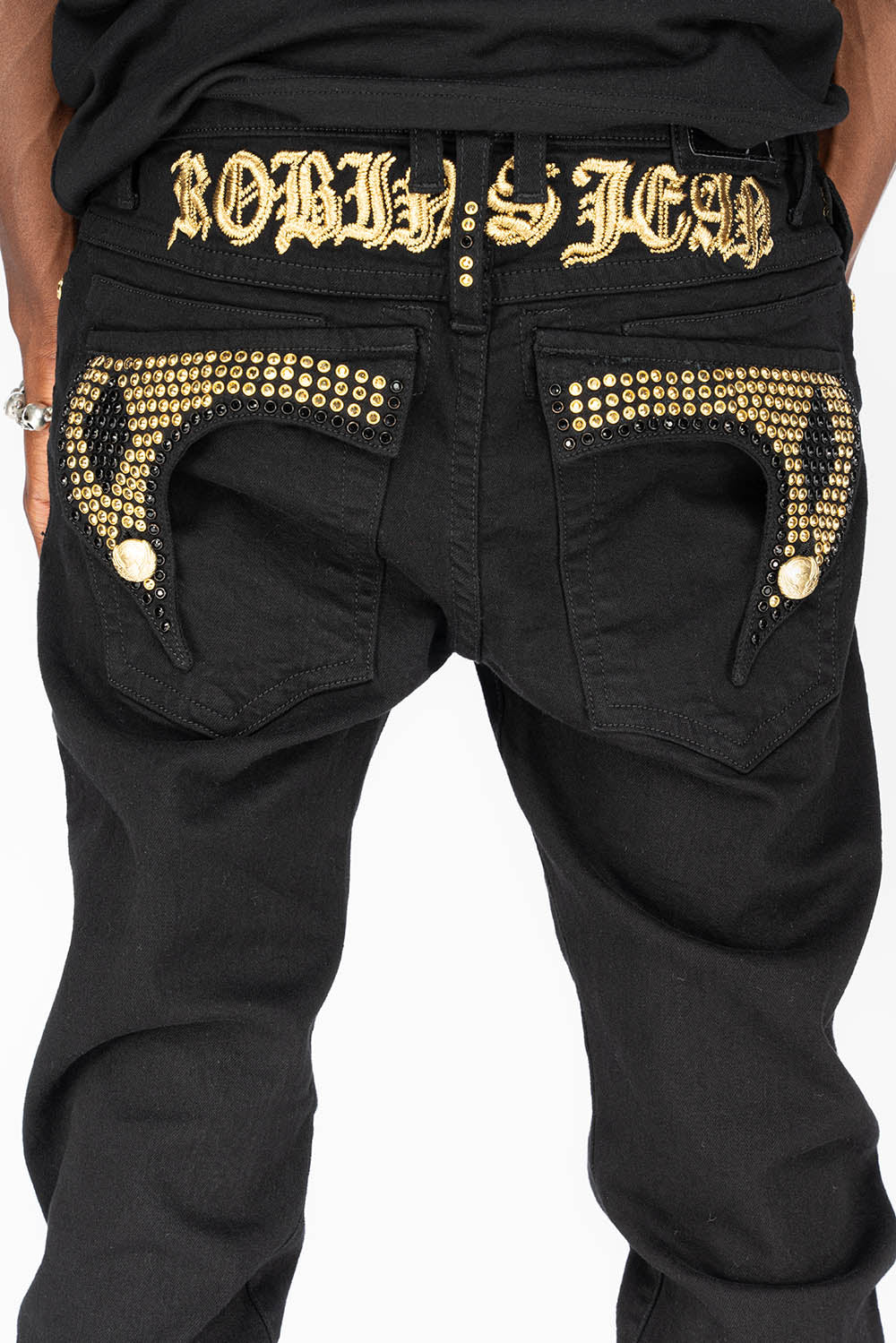 KILLER FLAP MENS SKINNY JEANS IN PURE BLACK WITH GOLD GOTHIC EMBROIDERY FULLY EMBELLISHED CRYSTALS - Image 3