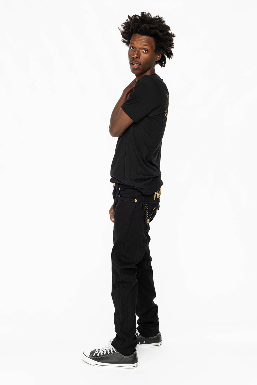 KILLER FLAP MENS SKINNY JEANS IN PURE BLACK WITH GOLD ROBIN’S LOGO AND CRYSTALS - Image 6