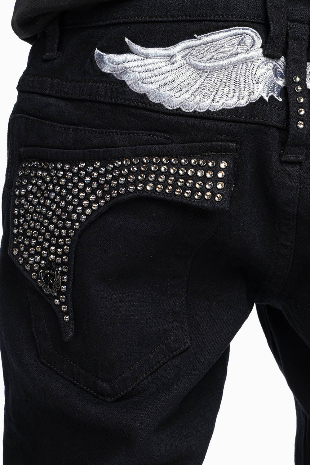 KILLER FLAP MENS SKINNY JEANS IN PURE BLACK WITH SILVER WINGS AND FULL BLK DIAMOND CRYSTALS - Image 2