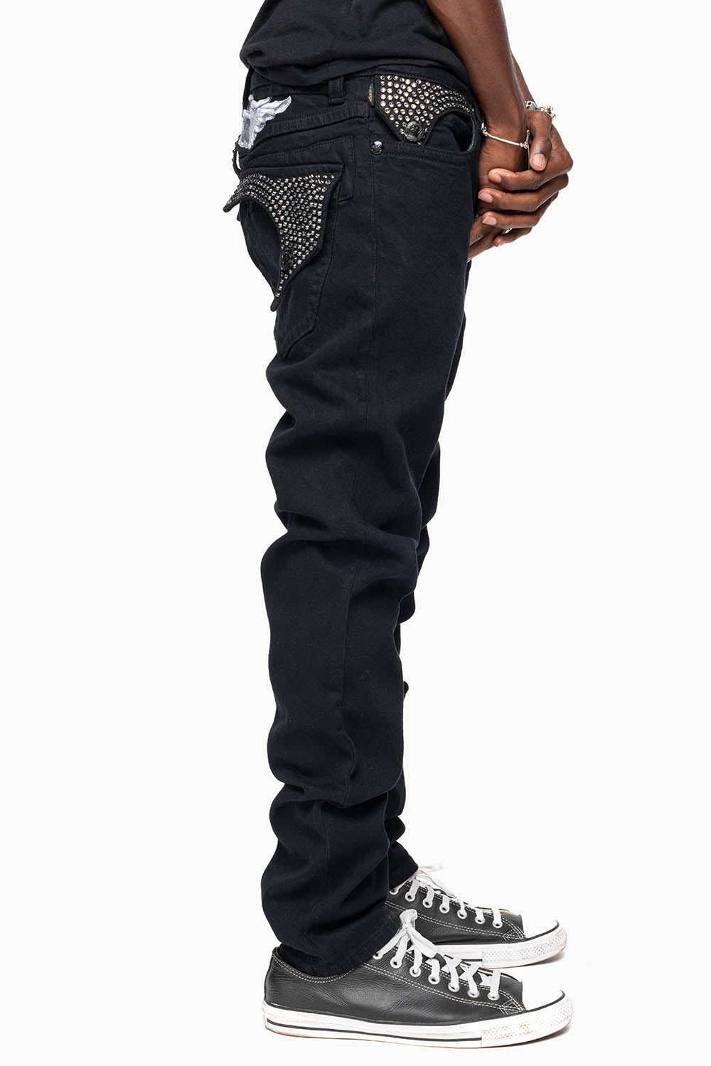 KILLER FLAP MENS SKINNY JEANS IN PURE BLACK WITH SILVER WINGS AND FULL BLK DIAMOND CRYSTALS - Image 4