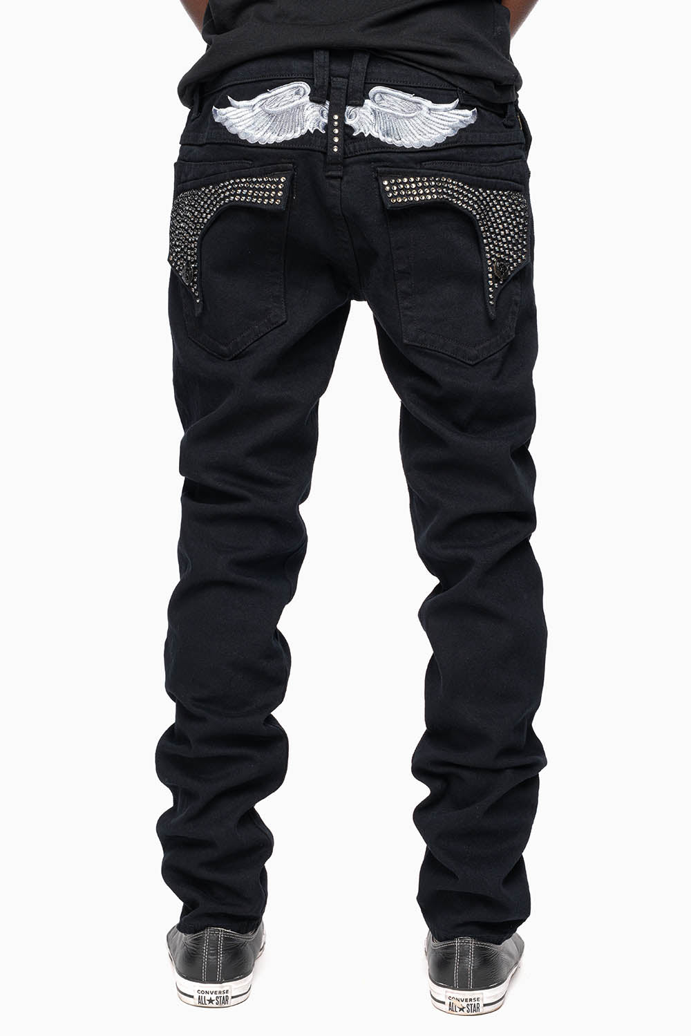 KILLER FLAP MENS SKINNY JEANS IN PURE BLACK WITH SILVER WINGS AND FULL BLK DIAMOND CRYSTALS - Image 5