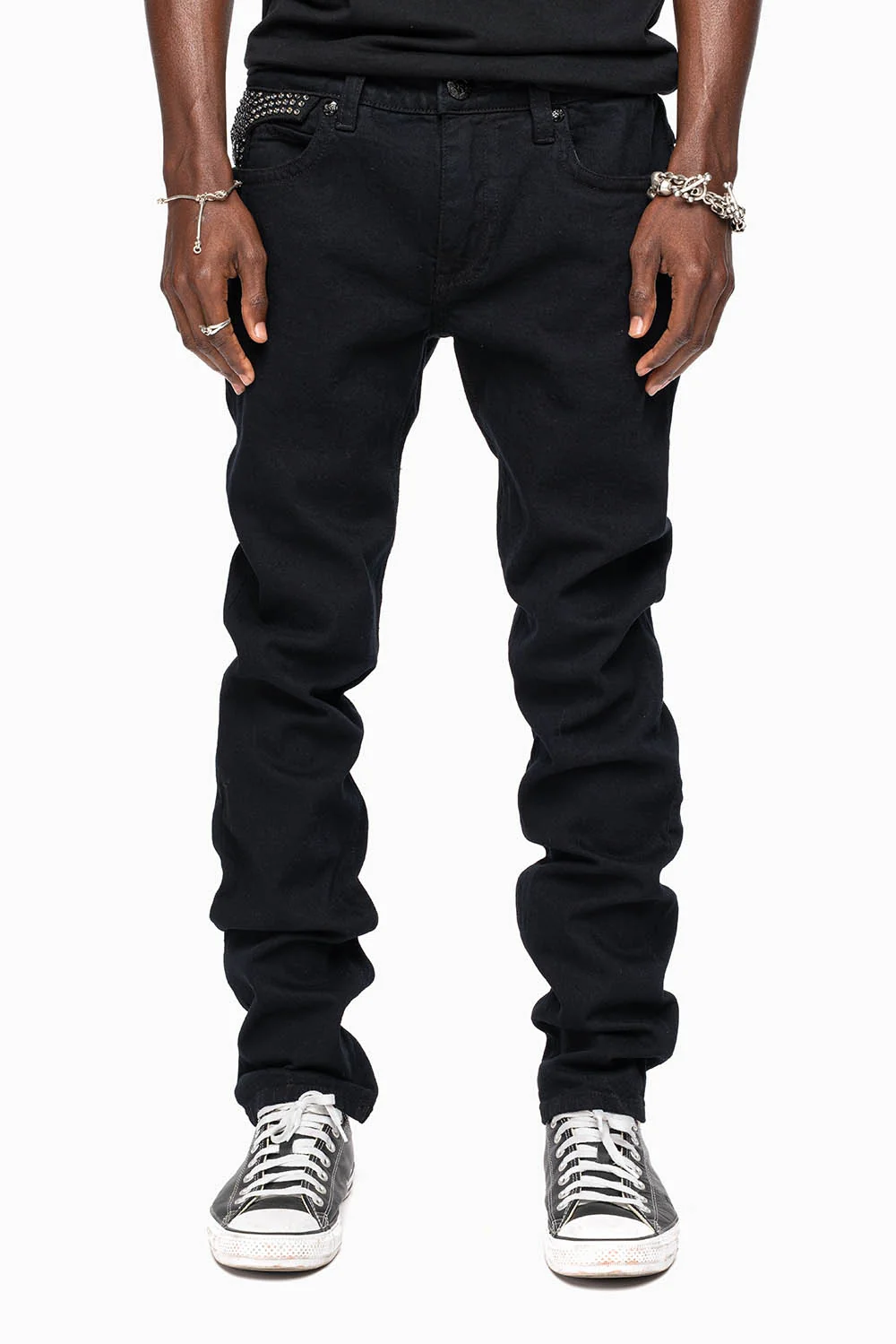 KILLER FLAP MENS SKINNY JEANS IN PURE BLACK WITH SILVER WINGS AND FULL BLK DIAMOND CRYSTALS - Image 6