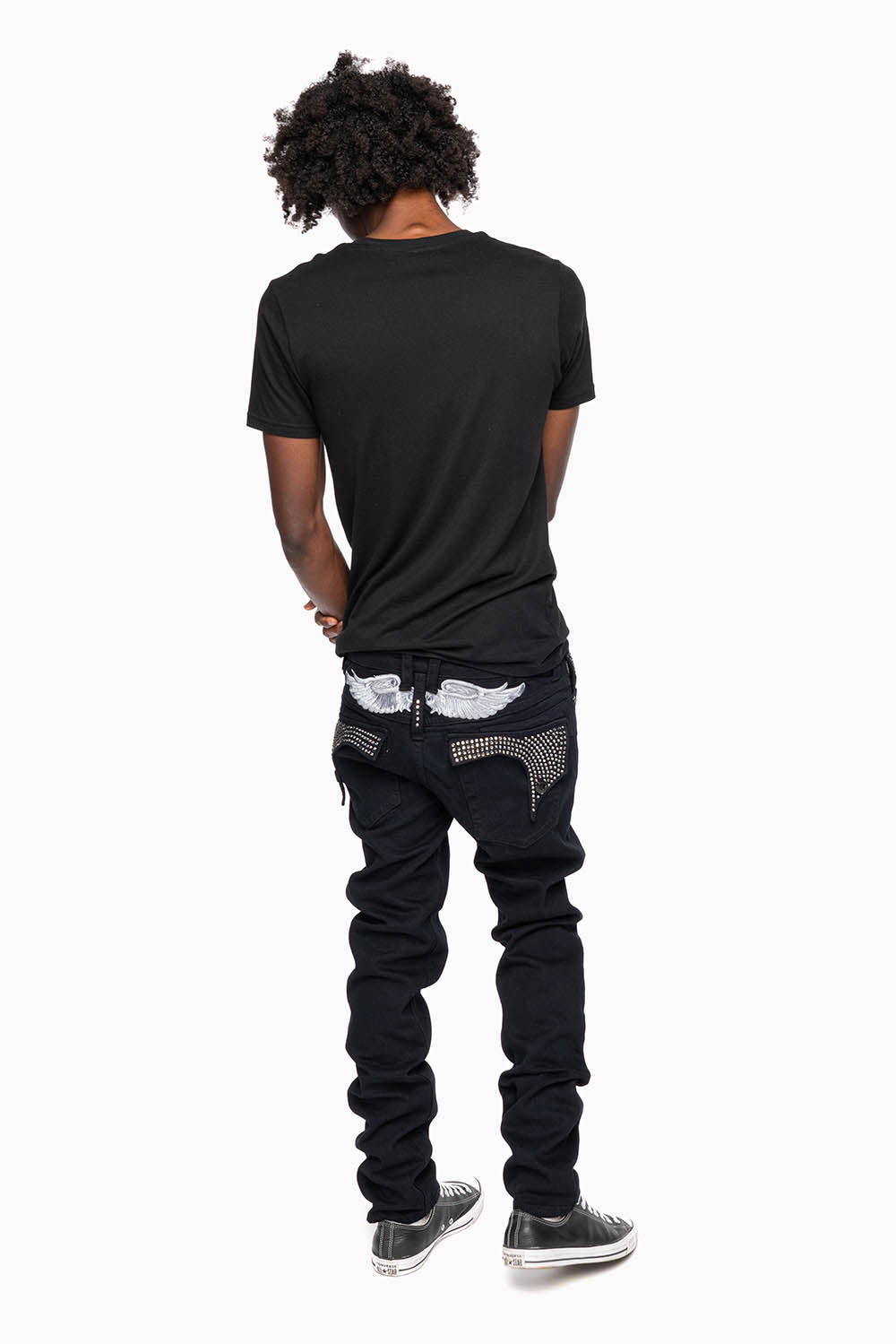 KILLER FLAP MENS SKINNY JEANS IN PURE BLACK WITH SILVER WINGS AND FULL BLK DIAMOND CRYSTALS - Image 8