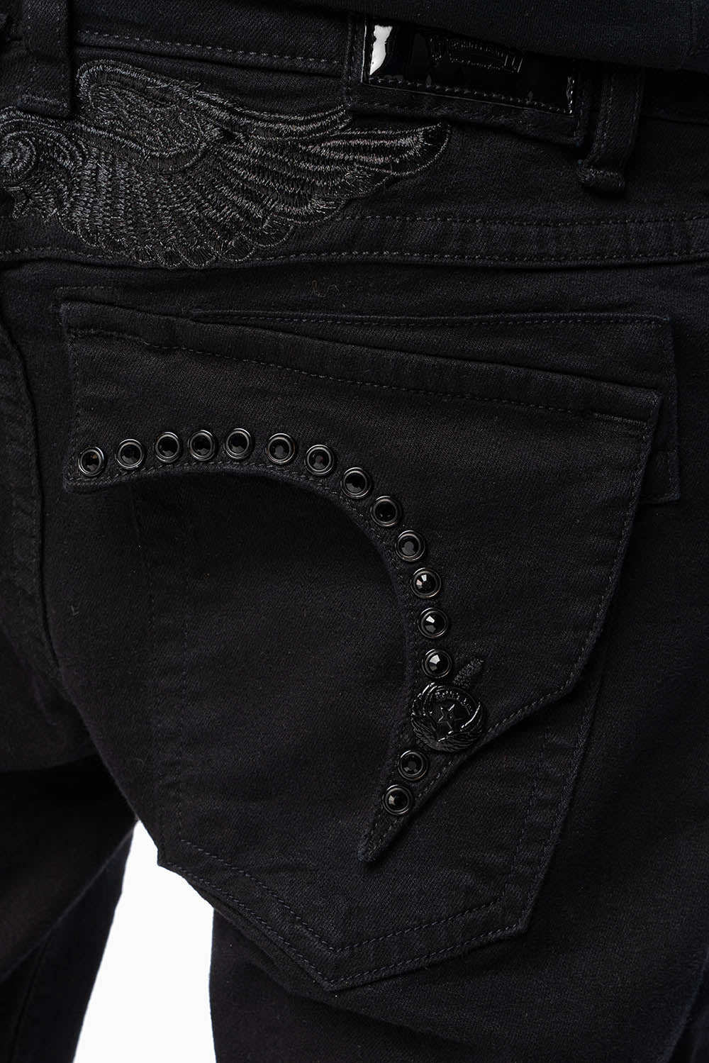 KILLER FLAP MENS SLIM JEANS IN PURE BLACK WASH WITH LARGE JET BLK CRYSTALS - Image 2