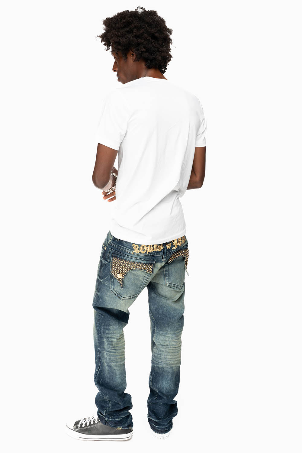 KILLER FLAP MENS STRAIGHT LEG JEAN IN 4D DARK BLUE WASH EMBELLISHED WITH CRYSTALS - Image 5