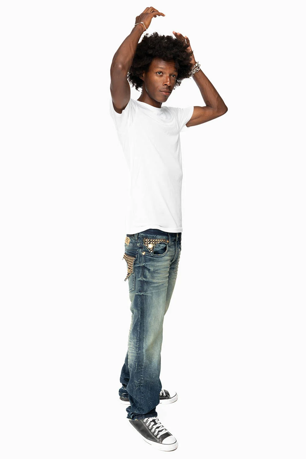 KILLER FLAP MENS STRAIGHT LEG JEAN IN 4D DARK BLUE WASH EMBELLISHED WITH CRYSTALS - Image 6