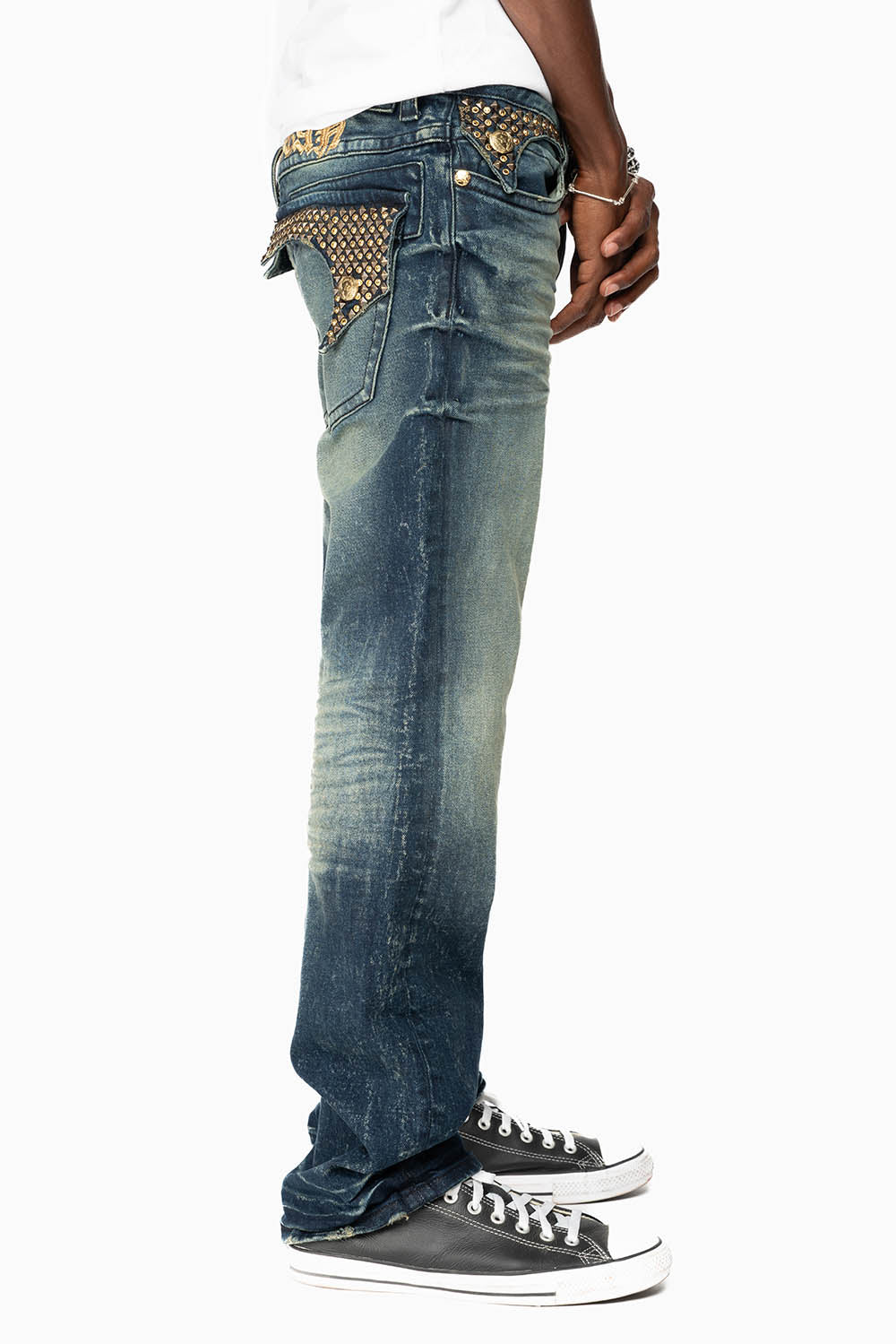 KILLER FLAP MENS STRAIGHT LEG JEAN IN 4D DARK BLUE WASH EMBELLISHED WITH CRYSTALS - Image 7