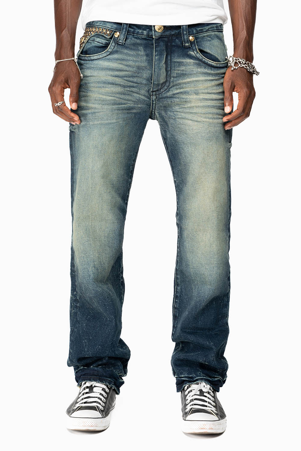 KILLER FLAP MENS STRAIGHT LEG JEAN IN 4D DARK BLUE WASH EMBELLISHED WITH CRYSTALS - Image 8