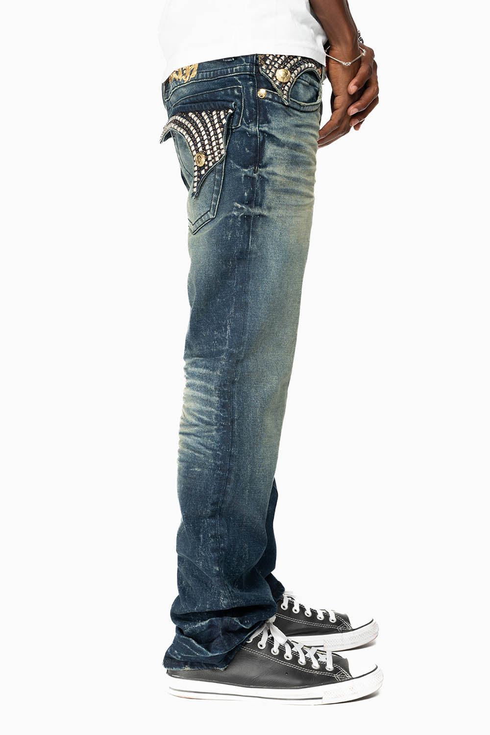 KILLER FLAP MENS STRAIGHT LEG JEAN IN 4D DARK BLUE WASH WITH STUDS AND CRYSTALS - Image 3