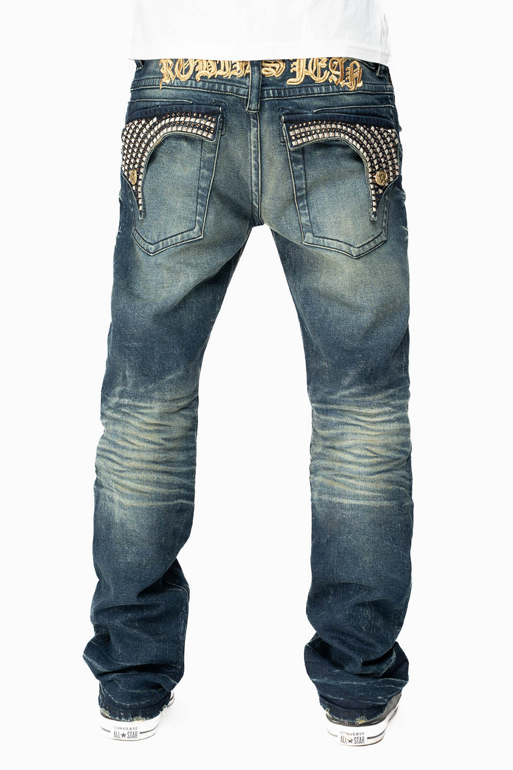 KILLER FLAP MENS STRAIGHT LEG JEAN IN 4D DARK BLUE WASH WITH STUDS AND CRYSTALS - Image 4