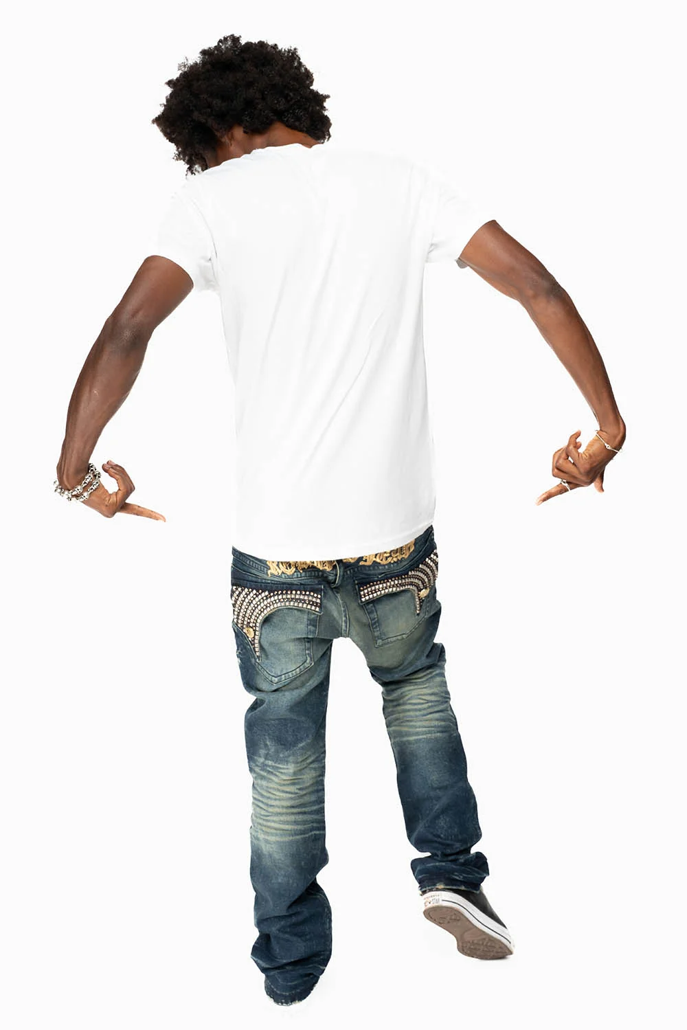 KILLER FLAP MENS STRAIGHT LEG JEAN IN 4D DARK BLUE WASH WITH STUDS AND CRYSTALS - Image 6