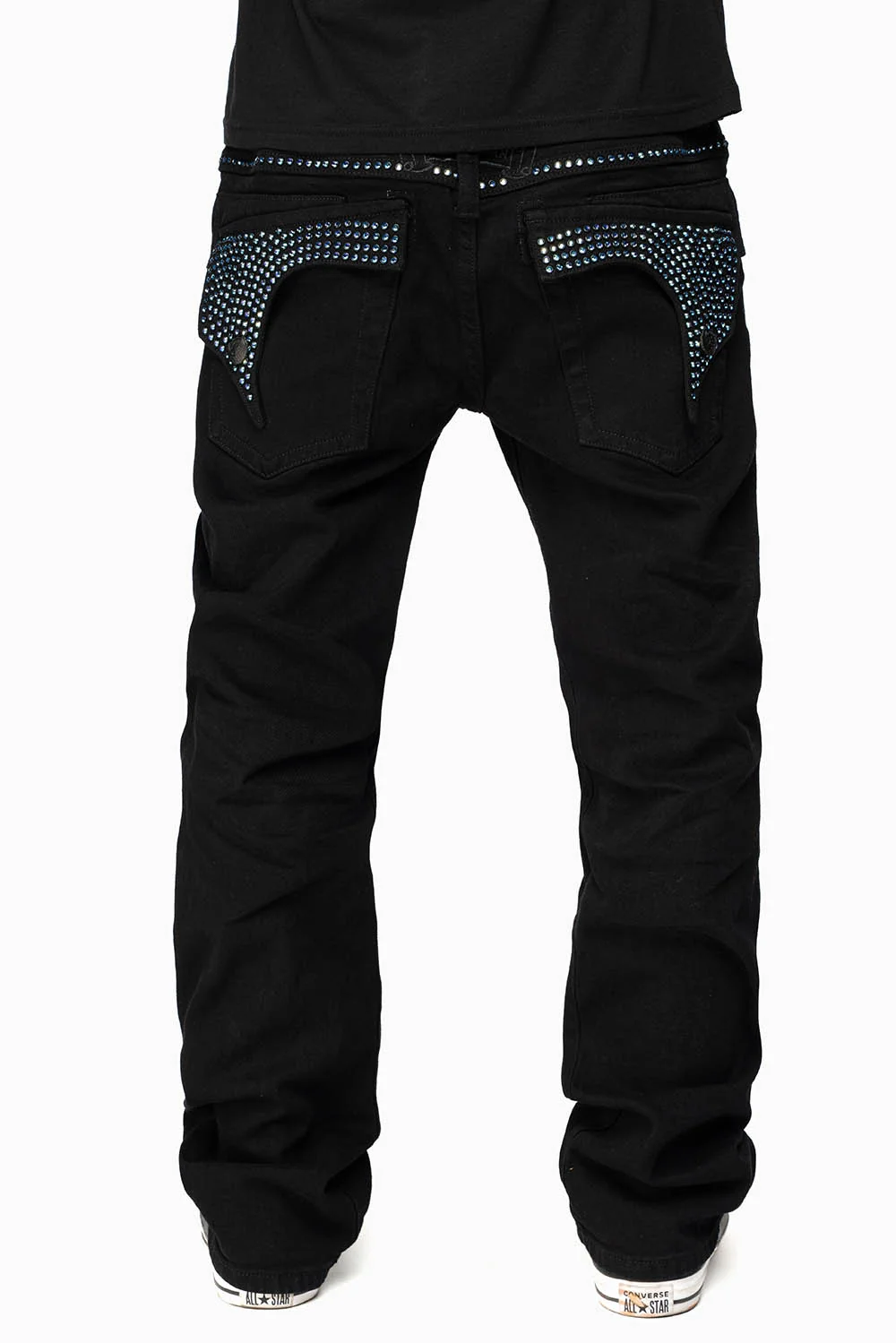 KILLER FLAP MENS STRAIGHT LEG JEAN IN BLACK FULLY EMBELLISHED WITH SAPPHIRE CRYSTALS - Image 7