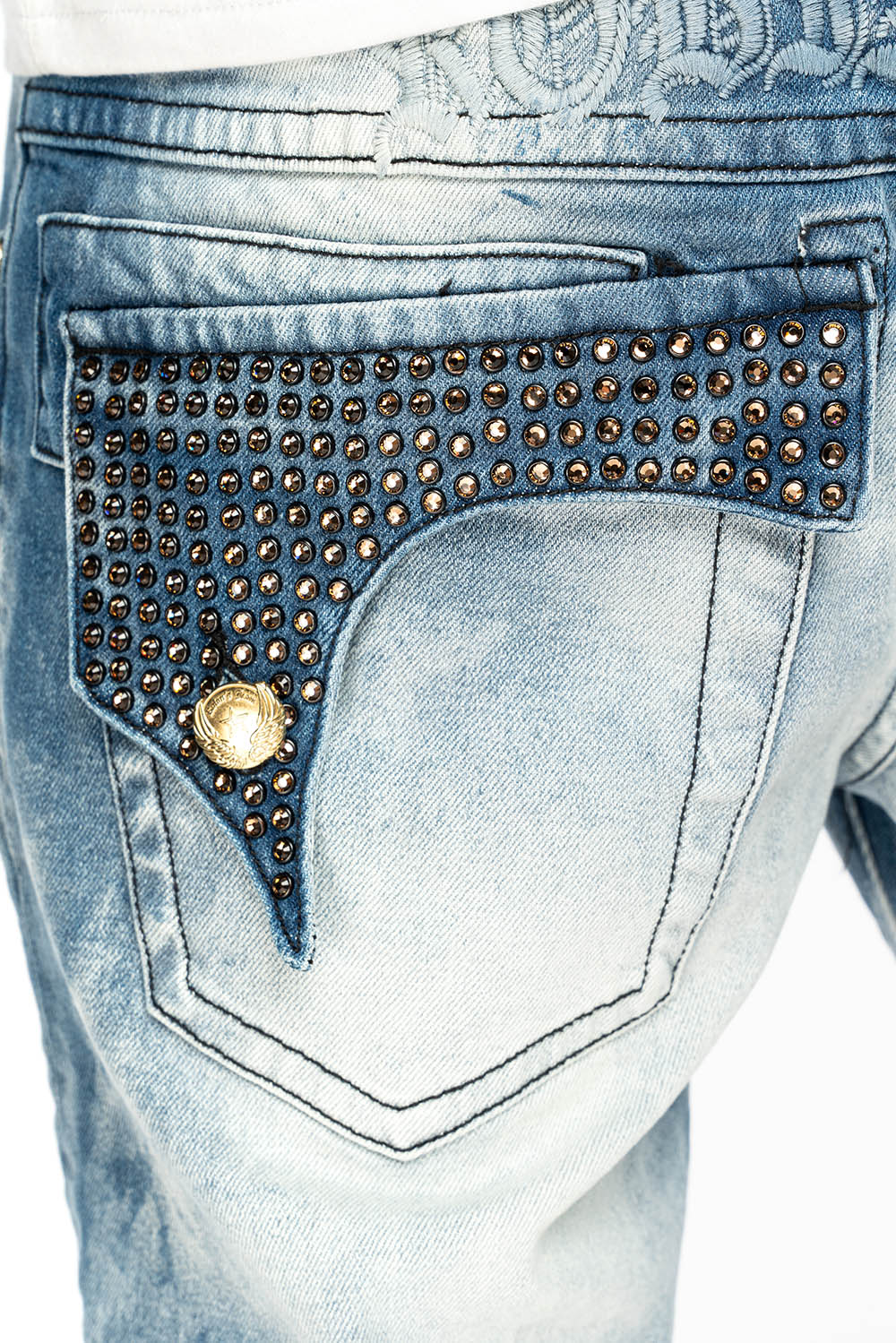 KILLER FLAP MENS STRAIGHT LEG JEAN IN CHEROKEE BLUE WASH EMBELLISHED WITH CRYSTAL - Image 3