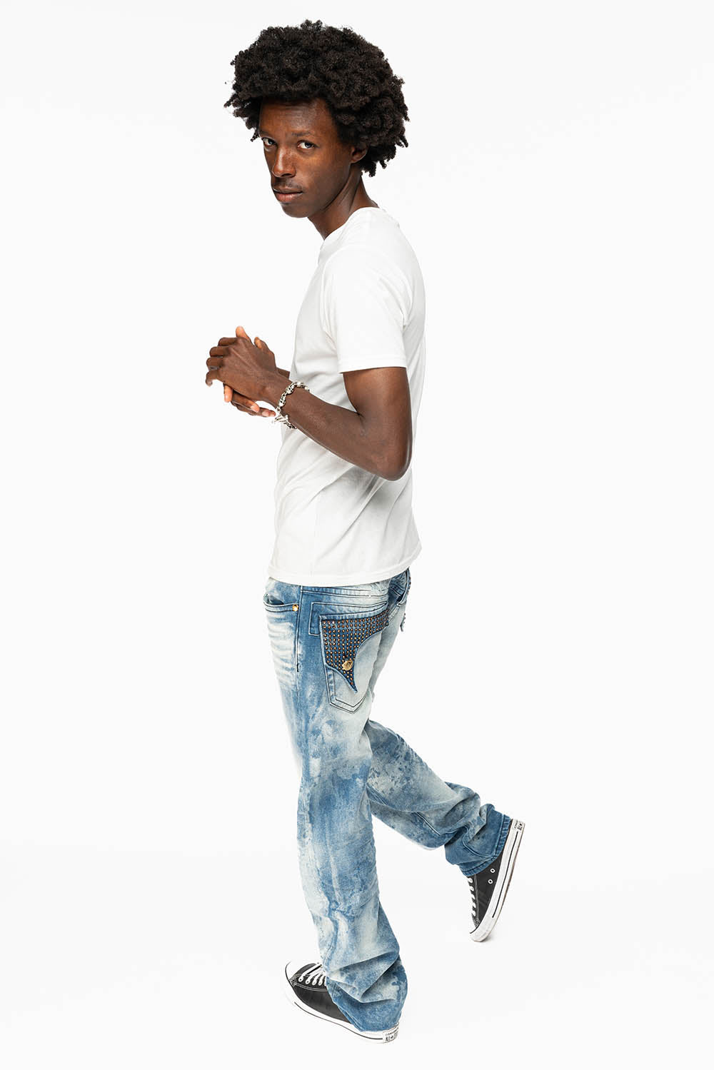 KILLER FLAP MENS STRAIGHT LEG JEAN IN CHEROKEE BLUE WASH EMBELLISHED WITH CRYSTAL - Image 4