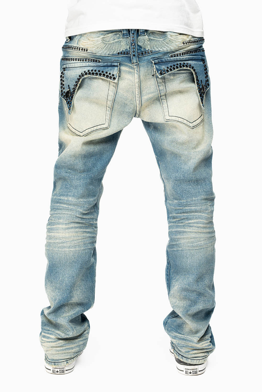 KILLER FLAP MENS STRAIGHT LEG JEAN IN OMAHA TAN BLUE WASH EMBELLISHED WITH JET BLK CRYSTAL - Image 7
