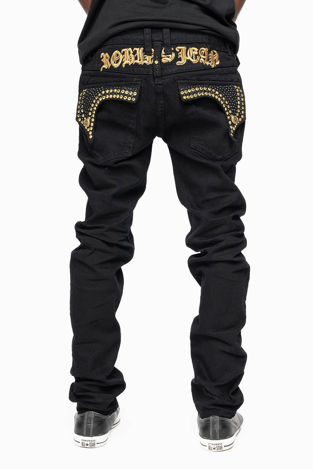KILLER FLAP SKINNY JEANS FULLY EMBELLISHED WITH AURUM AND BLK CRYSTALS IN PURE BLACK WITH GOLD GOTHIC EMBROIDERY