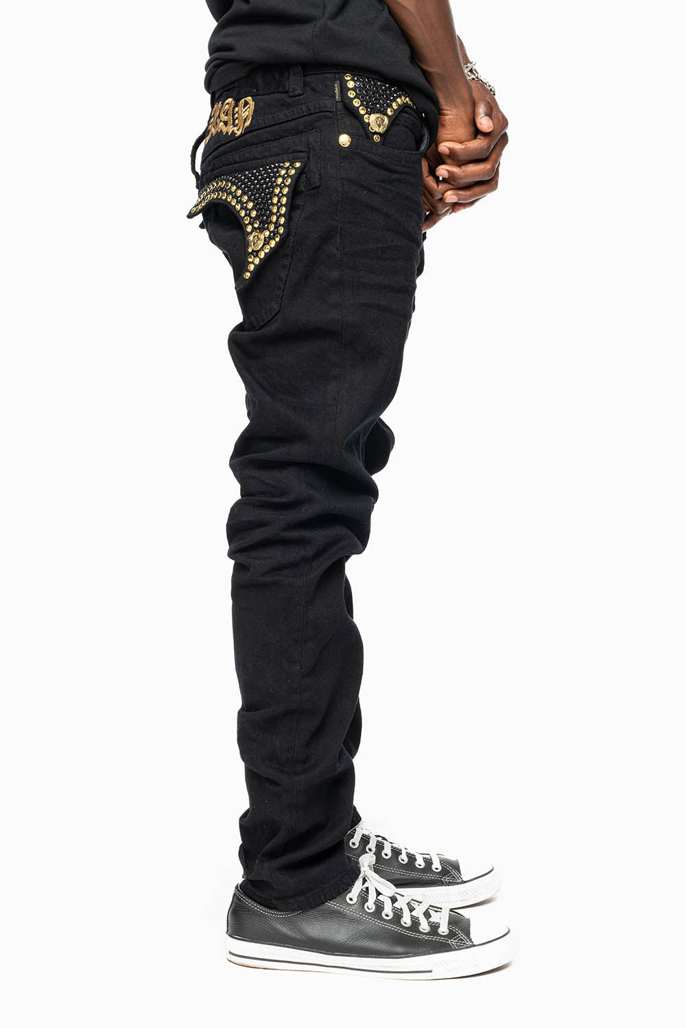 KILLER FLAP SKINNY JEANS FULLY EMBELLISHED WITH AURUM AND BLK CRYSTALS IN PURE BLACK WITH GOLD GOTHIC EMBROIDERY - Image 2