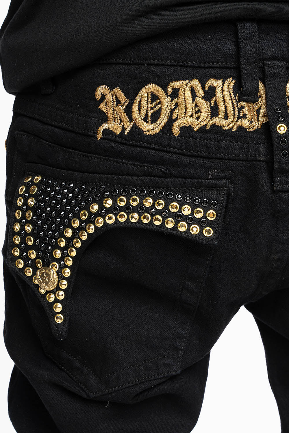 KILLER FLAP SKINNY JEANS FULLY EMBELLISHED WITH AURUM AND BLK CRYSTALS IN PURE BLACK WITH GOLD GOTHIC EMBROIDERY - Image 4
