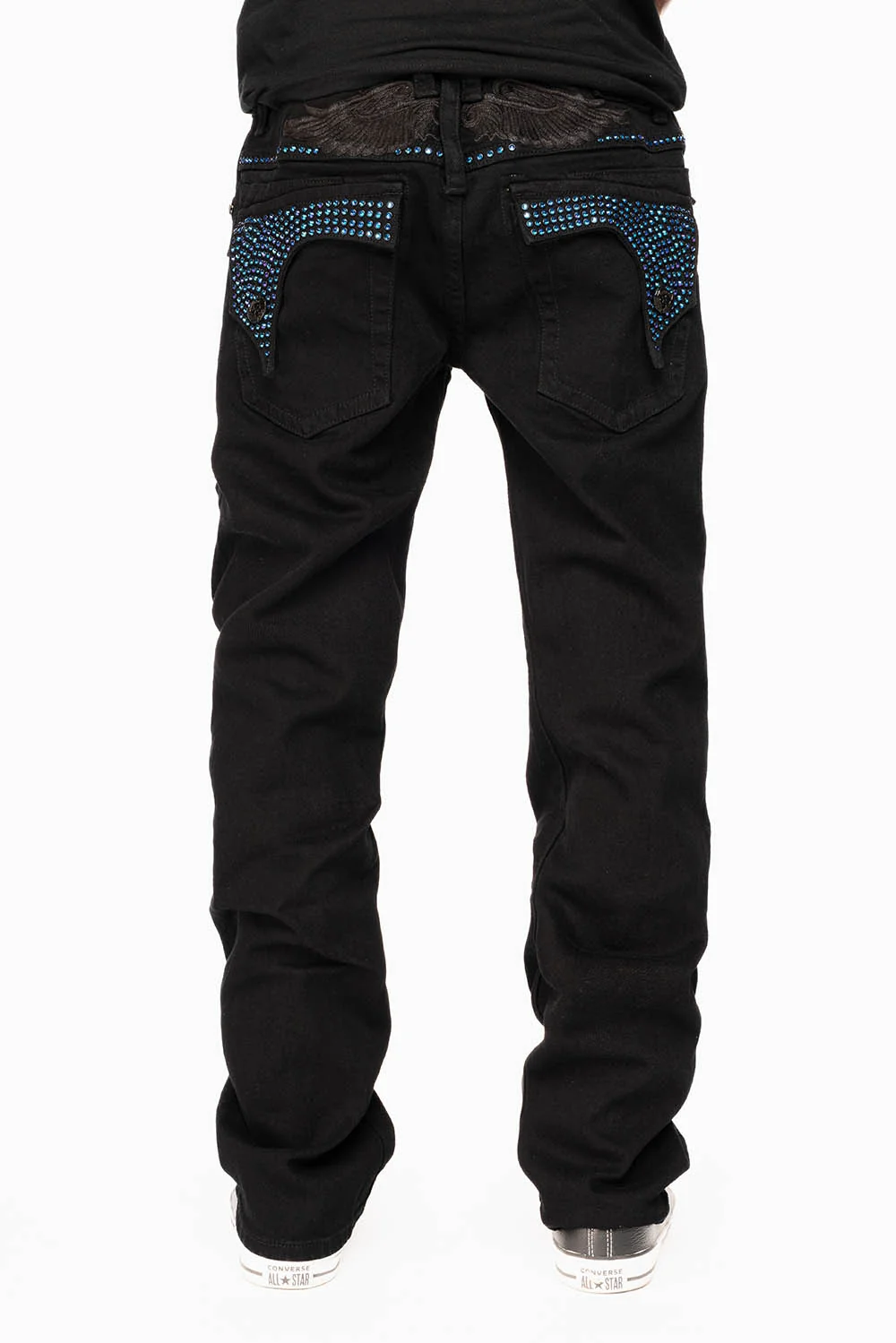 KILLER FLAP STRAIGHT JEANS IN PURE BLACK WASH WITH BLUE CRYSTALS - Image 4