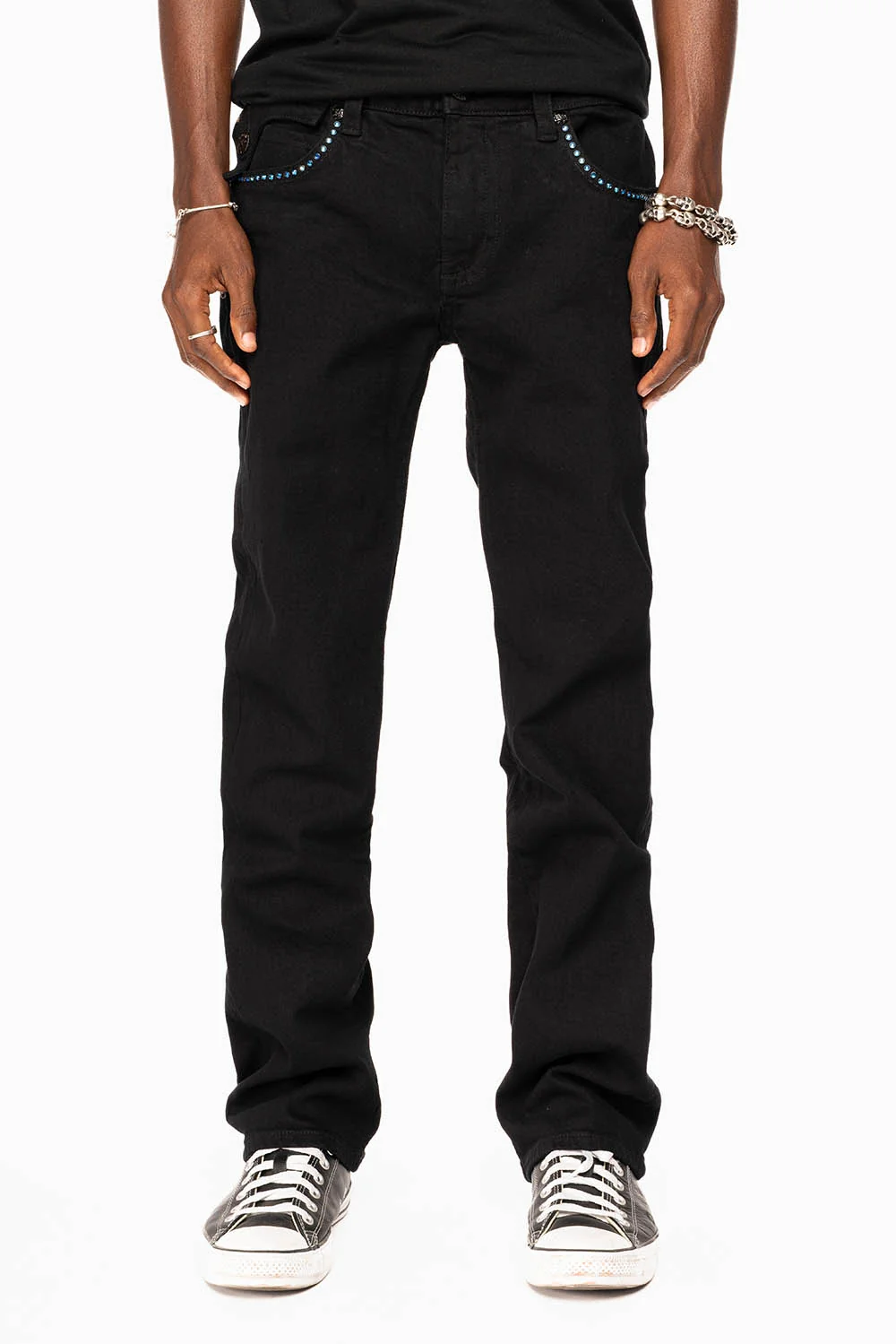 KILLER FLAP STRAIGHT JEANS IN PURE BLACK WASH WITH BLUE CRYSTALS - Image 5
