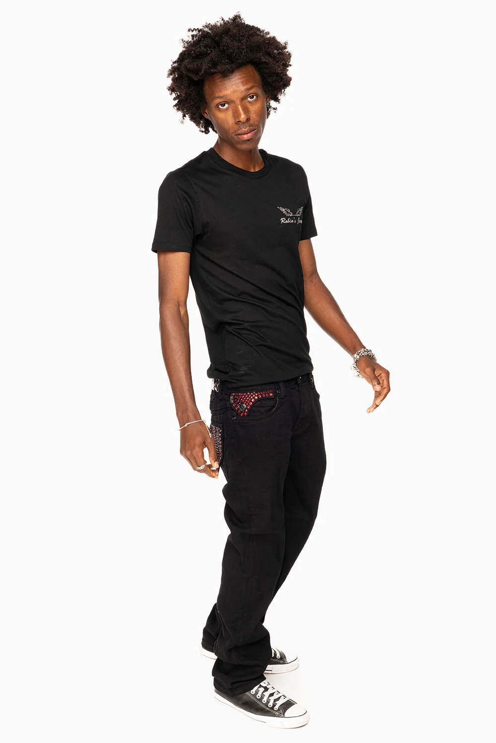 KILLER FLAP STRAIGHT JEANS IN PURE BLACK WASH WITH RED CRYSTALS - Image 3