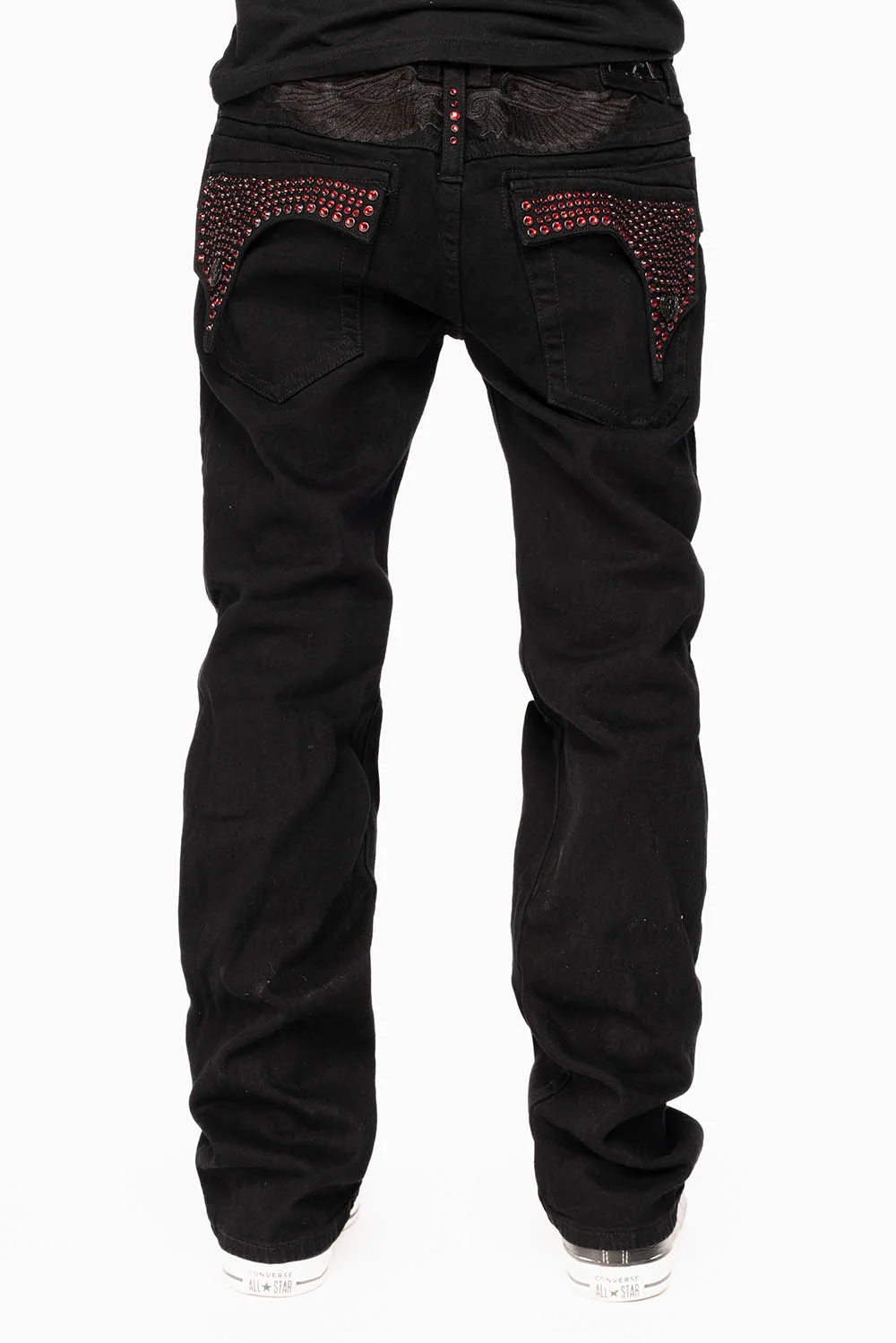 KILLER FLAP STRAIGHT JEANS IN PURE BLACK WASH WITH RED CRYSTALS - Image 7