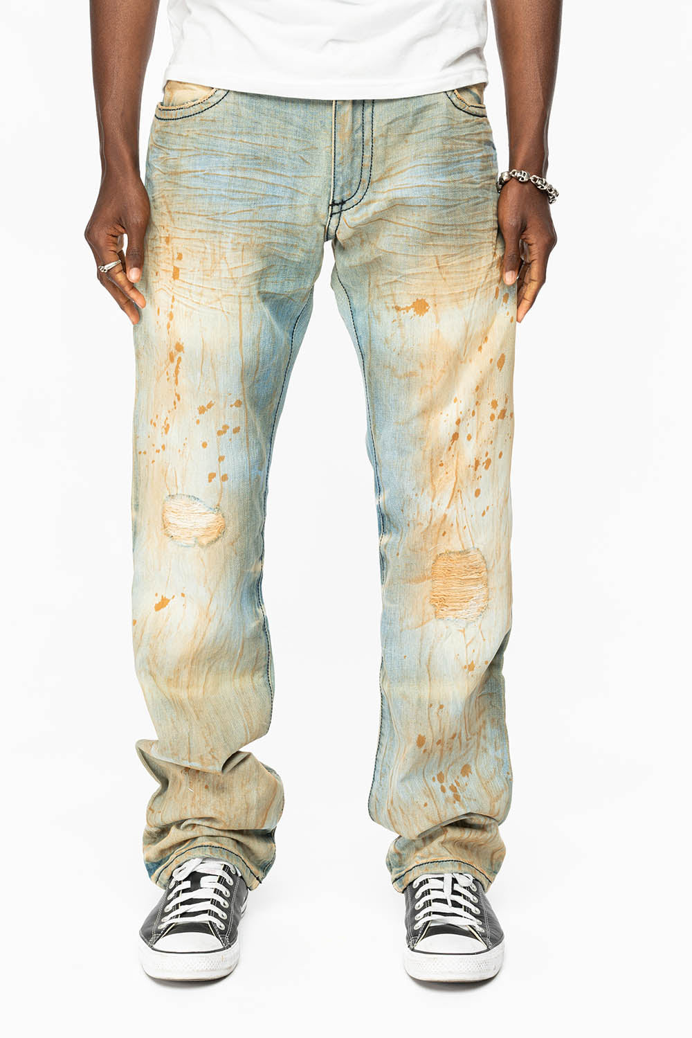 KILLER FLAP STRAIGHT LEG JEANS WITH CRYSTALS AND NAILHEAD IN TRAVELER WASH - Image 5