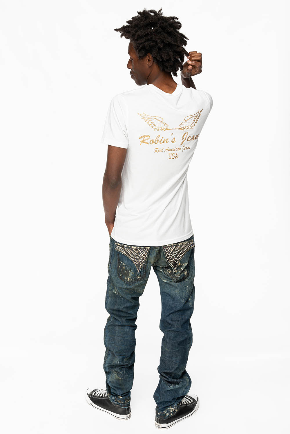 KILLER FLAP STRAIGHT LEG JEANS WITH CRYSTALS AND PYRAMID IN JUPITER BLUE SPECIALTY WASH - Image 8