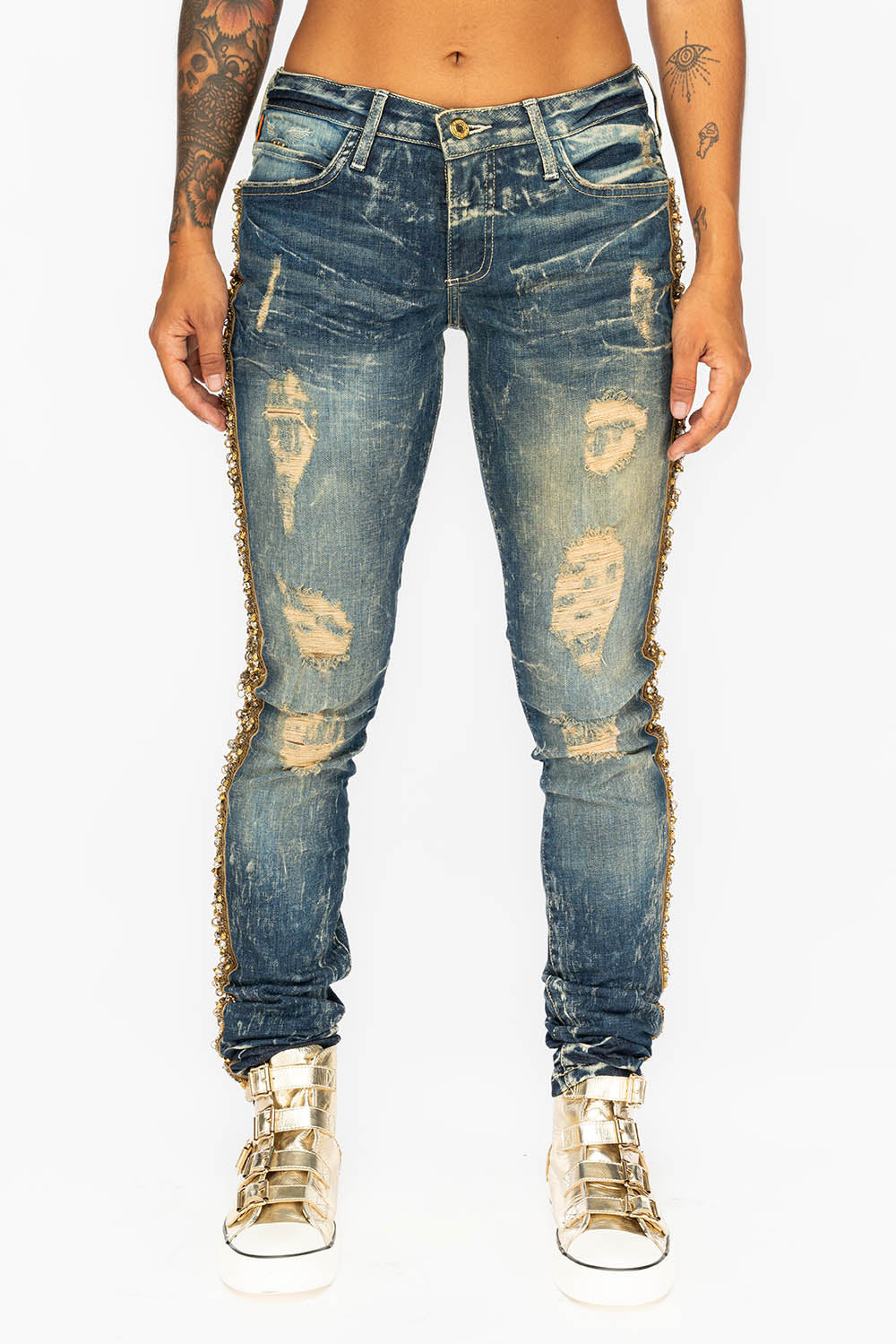KILLER FLAP WOMENS RIPPED MID RISE SKINNY JEANS IN 4D DARK BROKEN WASH WITH EMBELLISHMENT - Image 2