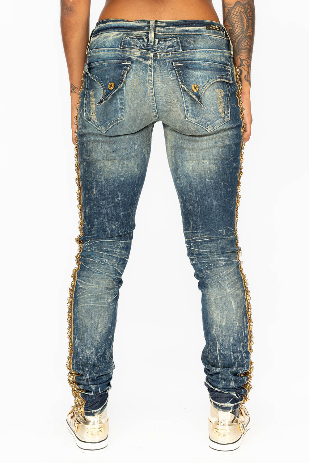 KILLER FLAP WOMENS RIPPED MID RISE SKINNY JEANS IN 4D DARK BROKEN WASH WITH EMBELLISHMENT - Image 3