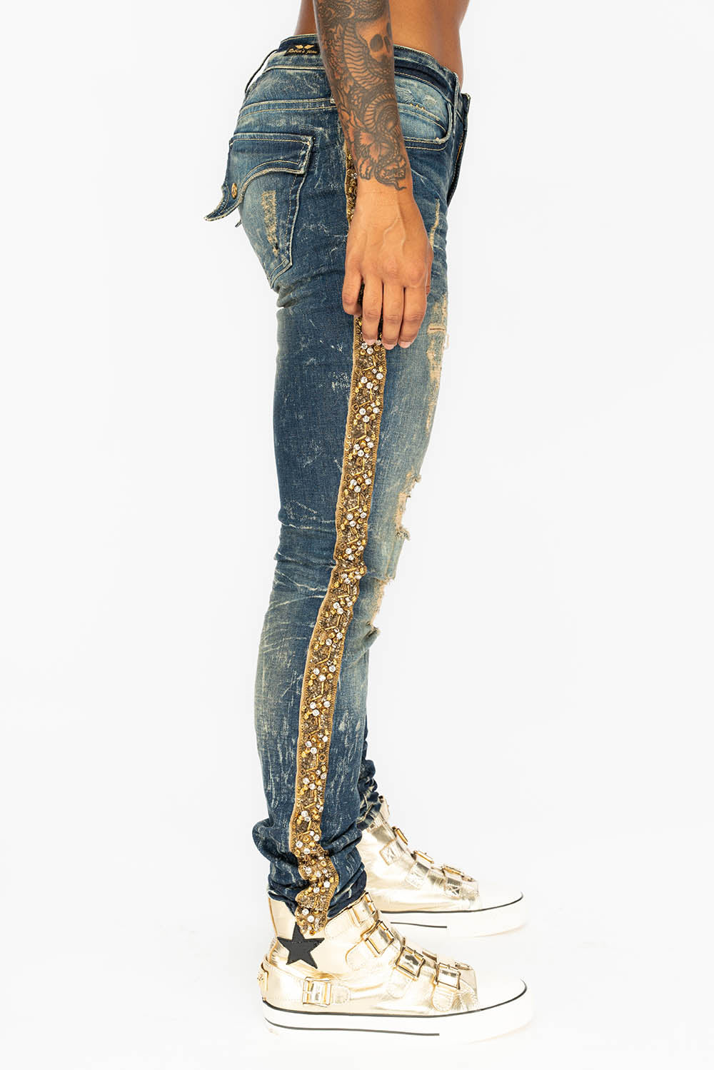 KILLER FLAP WOMENS RIPPED MID RISE SKINNY JEANS IN 4D DARK BROKEN WASH WITH EMBELLISHMENT - Image 4