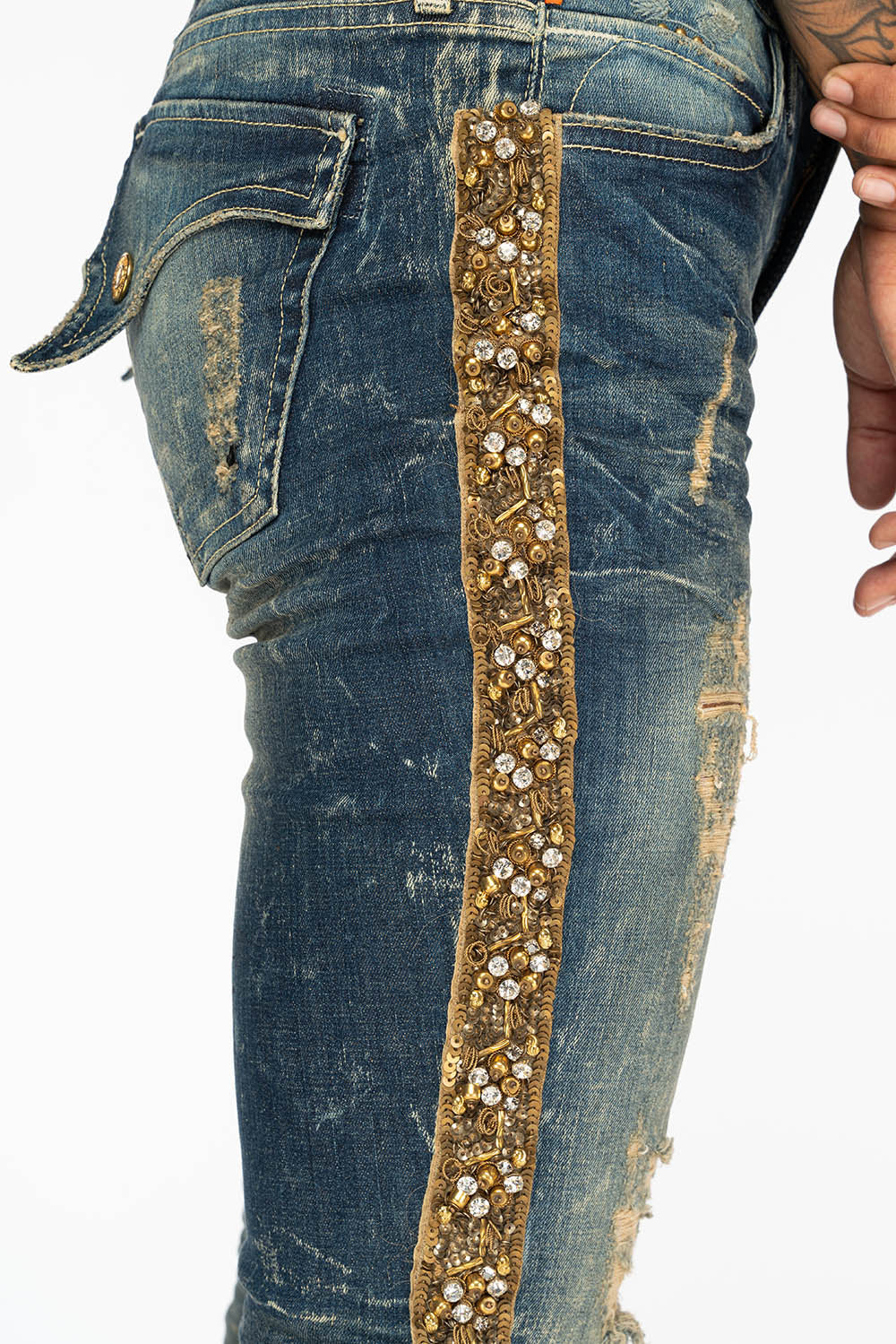 KILLER FLAP WOMENS RIPPED MID RISE SKINNY JEANS IN 4D DARK BROKEN WASH WITH EMBELLISHMENT - Image 5