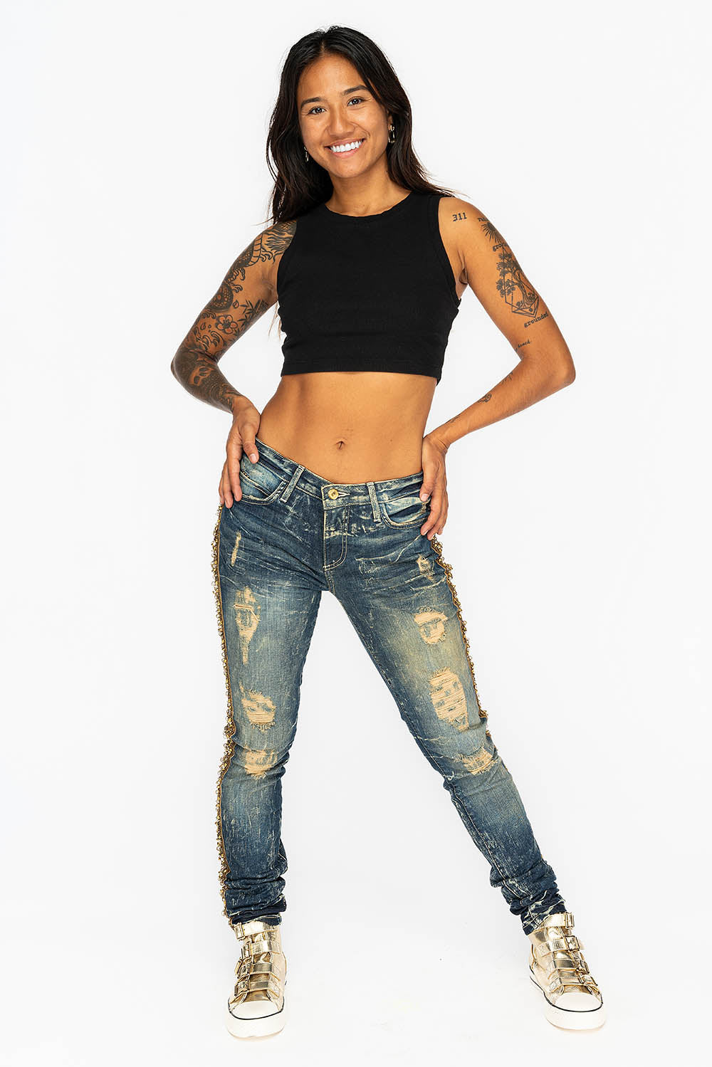 KILLER FLAP WOMENS RIPPED MID RISE SKINNY JEANS IN 4D DARK BROKEN WASH WITH EMBELLISHMENT - Image 7