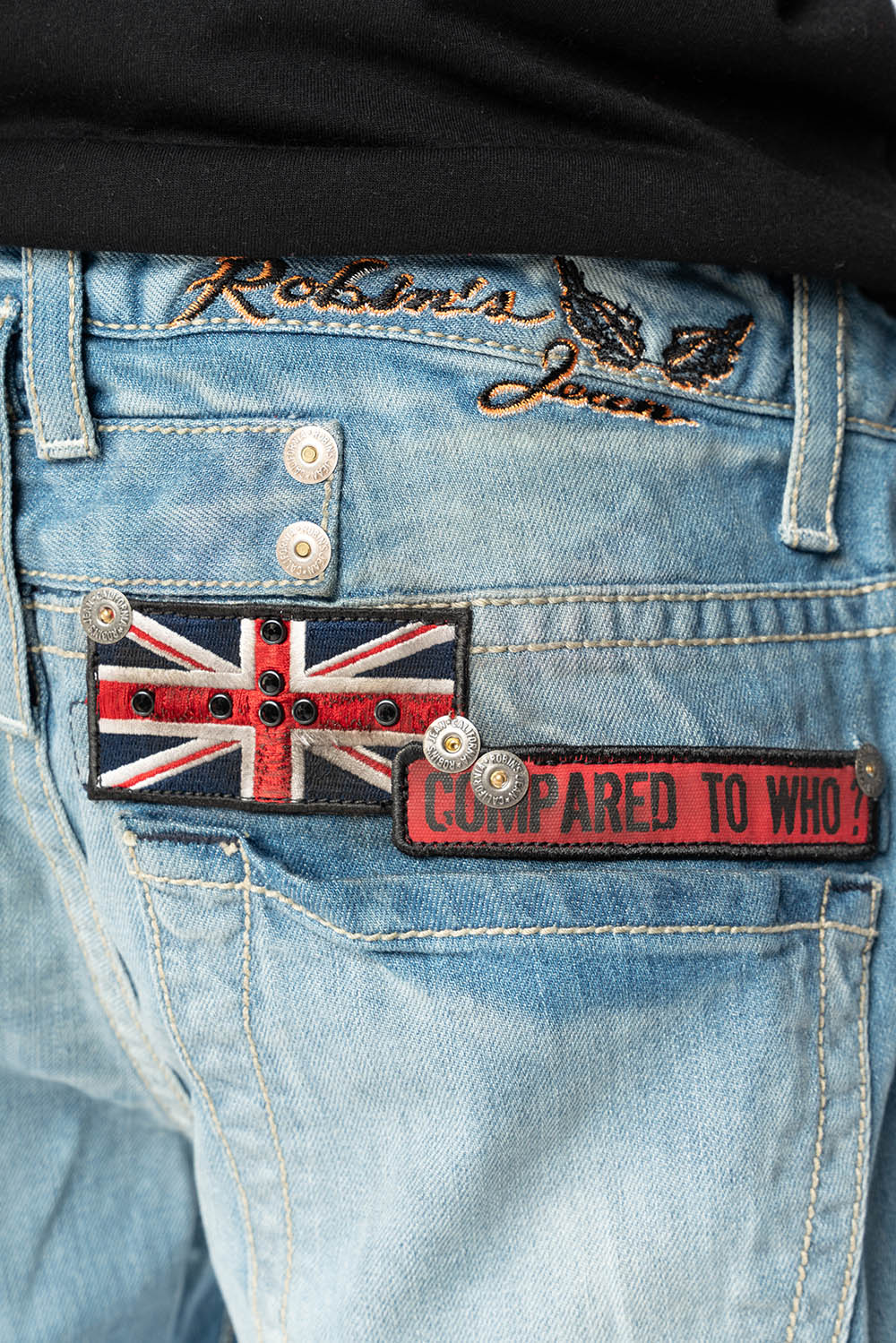 ROBIN'S EASY RIDER SHORTS W/ PATCHES IN AQUARAMA DARK WASH - Image 5