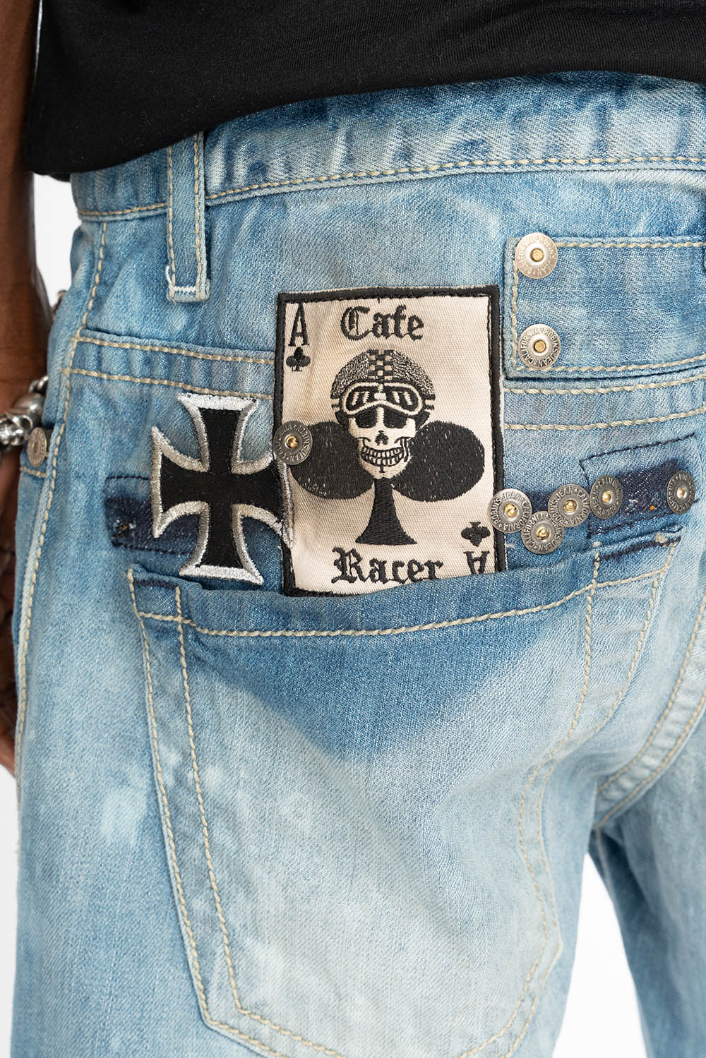 ROBIN'S EASY RIDER SHORTS W/ PATCHES IN AQUARAMA DARK WASH - Image 6