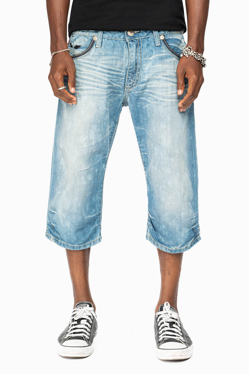 ROBIN'S EASY RIDER SHORTS W/ PATCHES IN AQUARAMA DARK WASH - Image 9