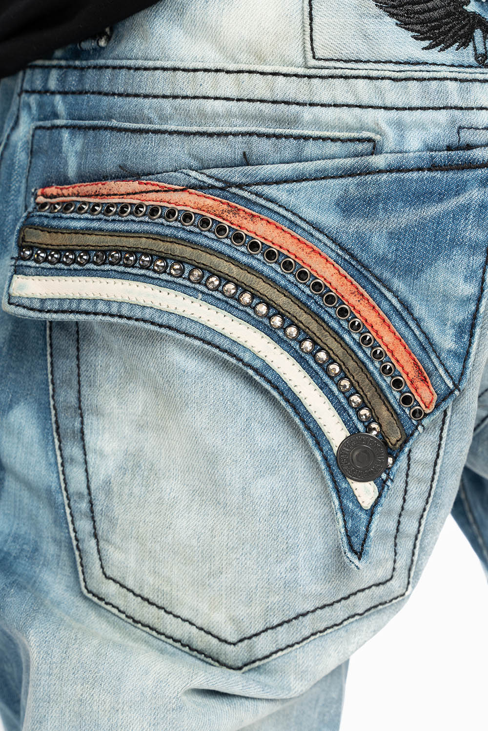 ROBIN'S LONG FLAP STRAIGHT JEANS IN AQUARAMA WASH EMBELLISHED WITH CRYSTALS AND CROSS PATCHES - Image 10