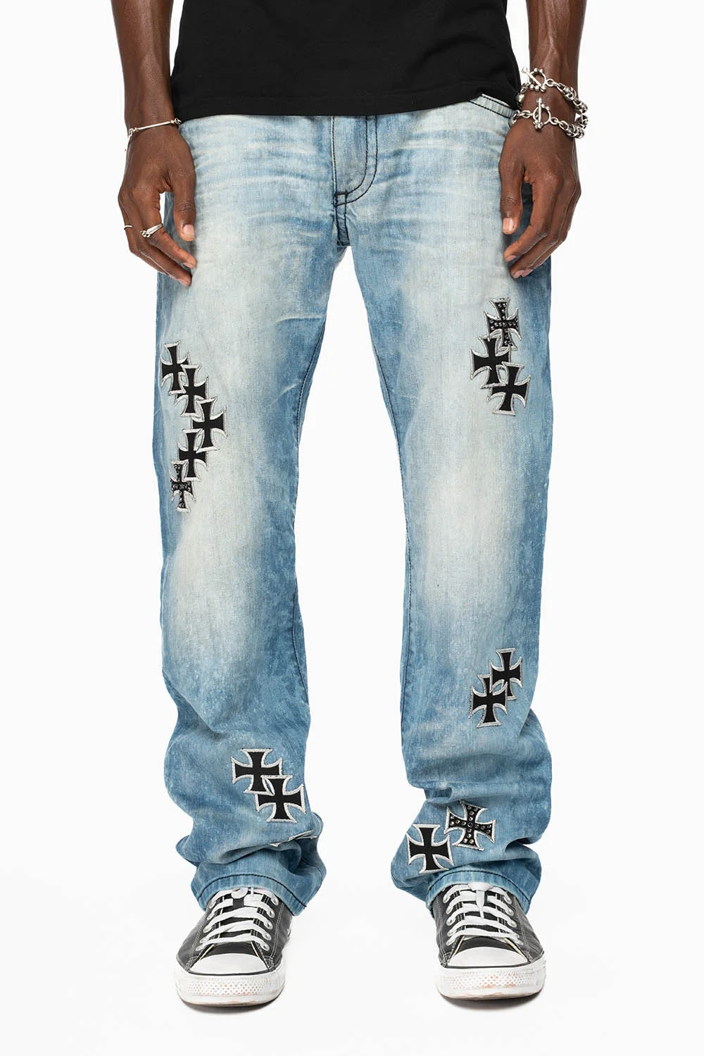 ROBIN'S LONG FLAP STRAIGHT JEANS IN AQUARAMA WASH EMBELLISHED WITH CRYSTALS AND CROSS PATCHES - Image 2