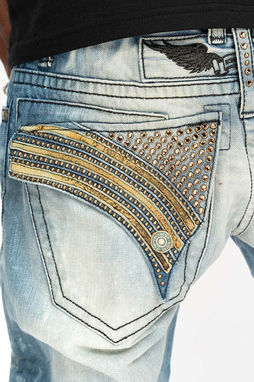 LONG FLAP STRAIGHT JEANS IN AQUARAMA WASH WITH TAN LEATHER INSERTS EMBELLISHED WITH CRYSTALS - Image 2