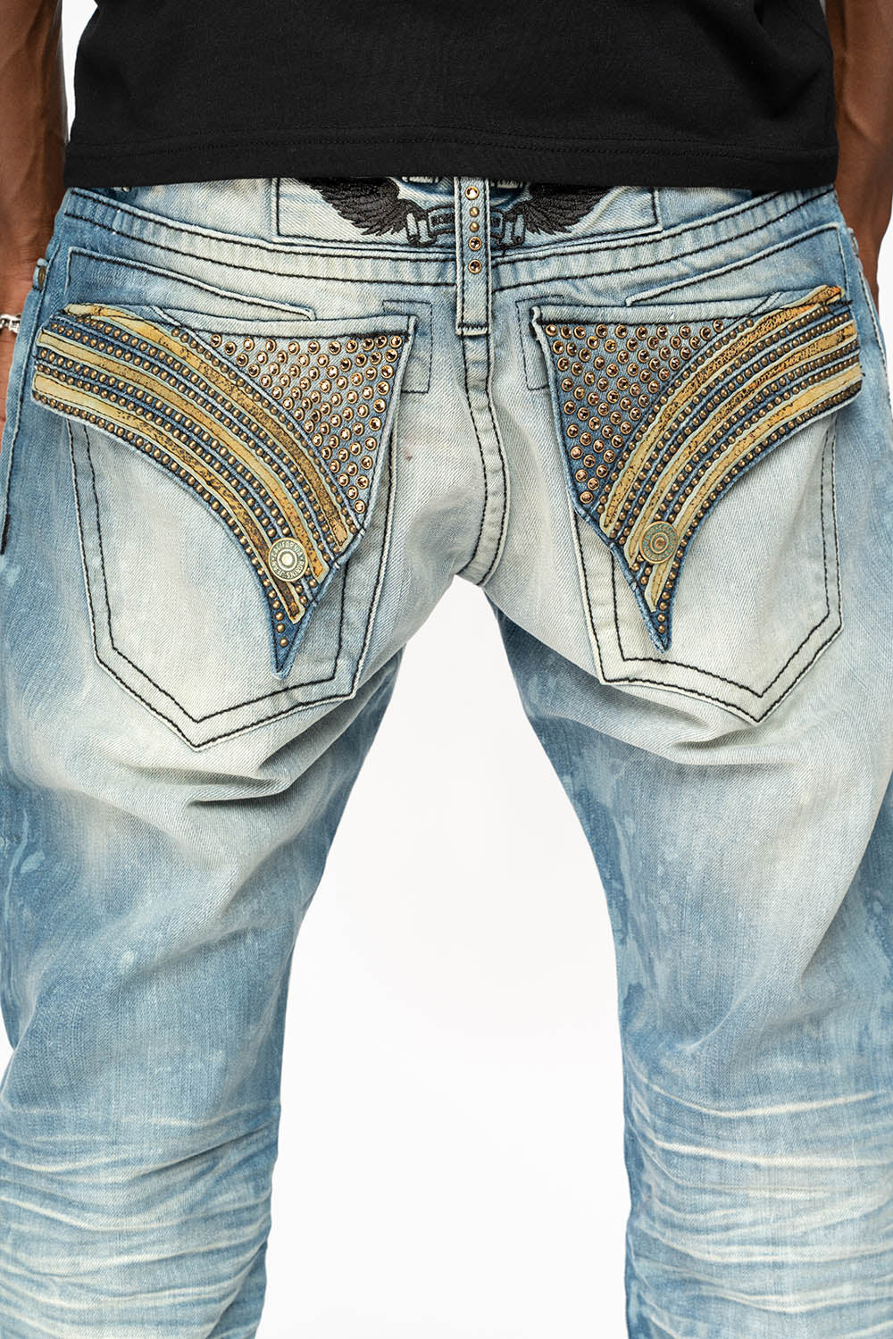LONG FLAP STRAIGHT JEANS IN AQUARAMA WASH WITH TAN LEATHER INSERTS EMBELLISHED WITH CRYSTALS - Image 3