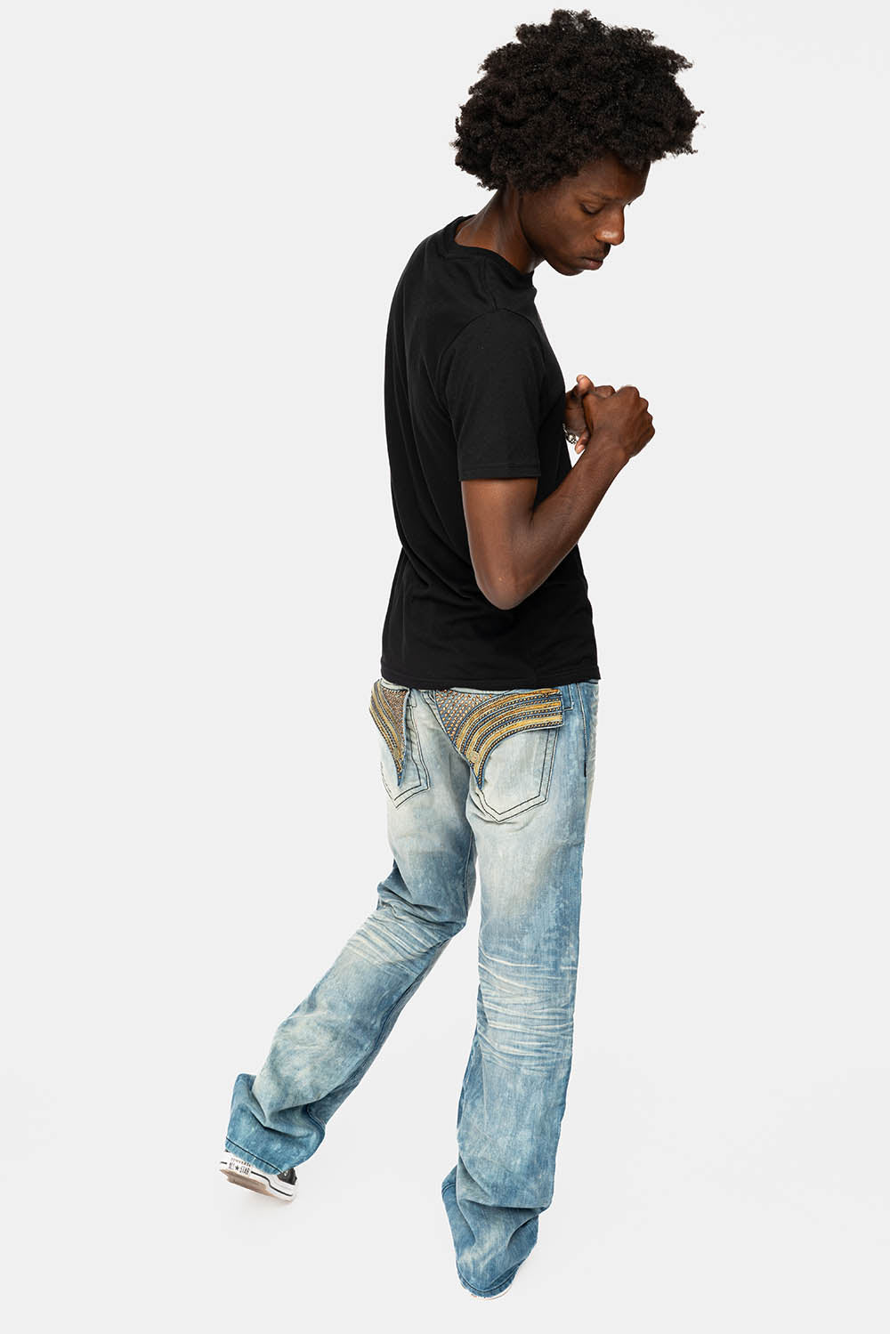LONG FLAP STRAIGHT JEANS IN AQUARAMA WASH WITH TAN LEATHER INSERTS EMBELLISHED WITH CRYSTALS - Image 6