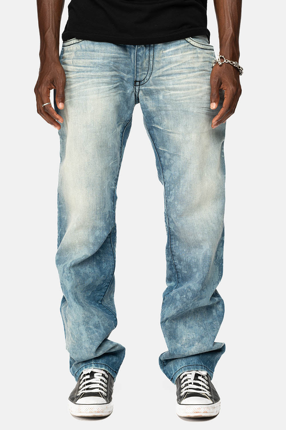 LONG FLAP STRAIGHT JEANS IN AQUARAMA WASH WITH TAN LEATHER INSERTS EMBELLISHED WITH CRYSTALS - Image 9