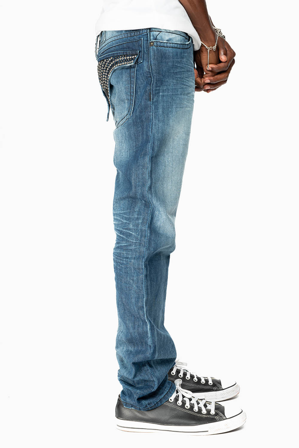 MENS LONG FLAP SLIM JEANS EMBELLISHED WITH CRYSTALS IN OMAHA DARK WASH - Image 5